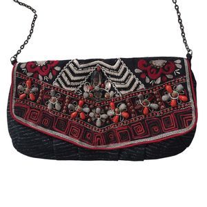 Chico's Women’s Boho Bags 3D floral Beaded Bag Metallic Multicolor Chain